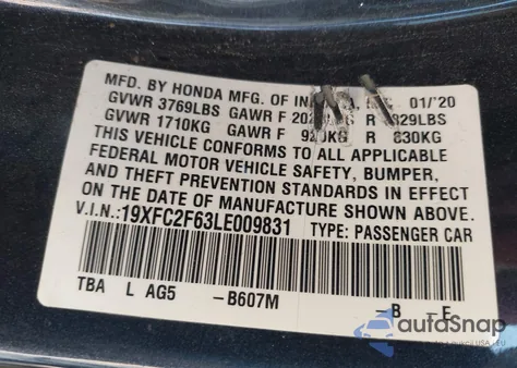 2020 Honda Civic Lx из США, поврежденный, VIN 19XFC2F63LE009831